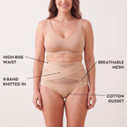 Details: high-rise waist, knitted X-band, breathable mesh, cotton gusset