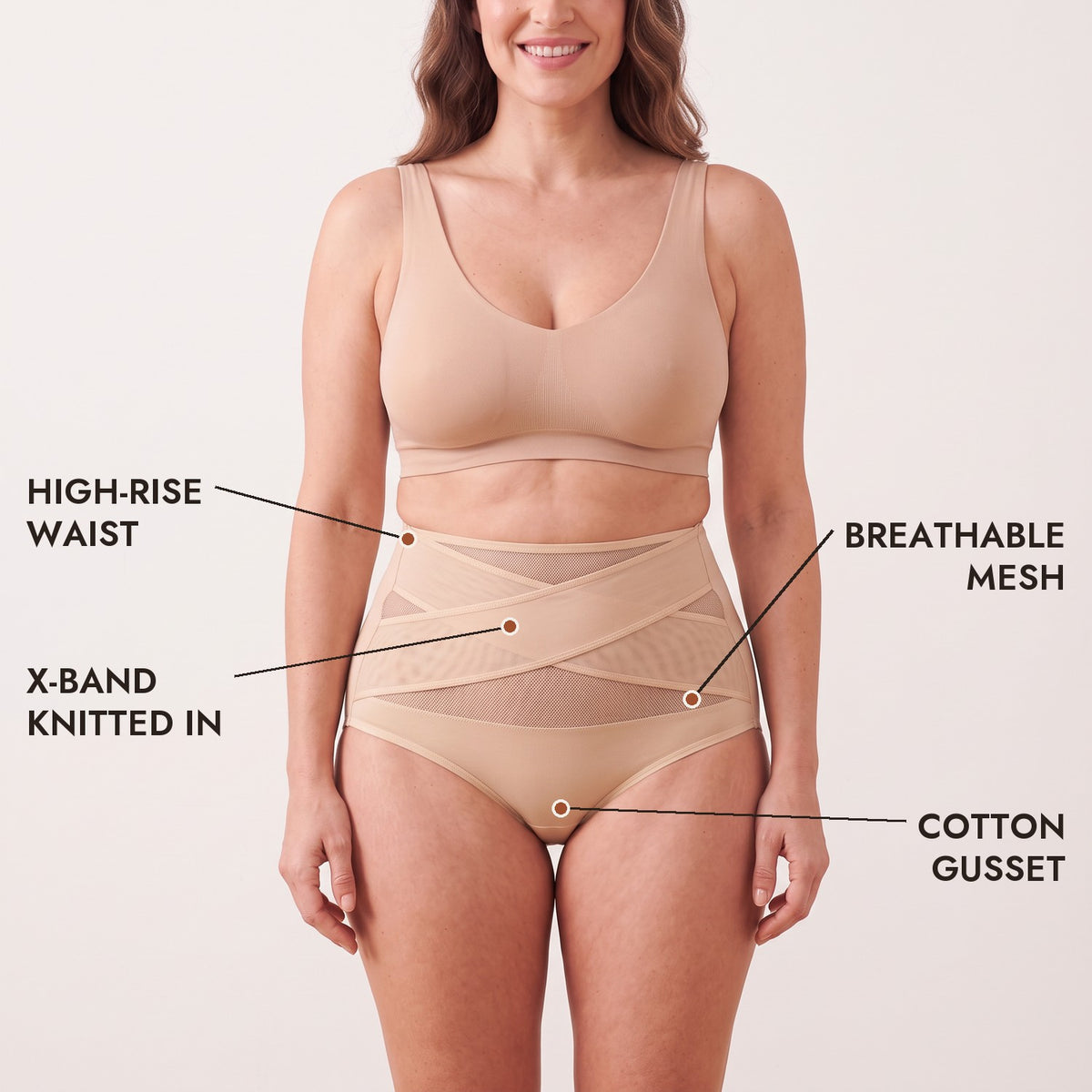 Details: high-rise waist, knitted X-band, breathable mesh, cotton gusset