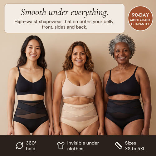 Three women of different ages wearing The Smooth Brief™, 90-day money-back guarantee